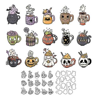 Imagem de Conjunto de canecas engraçadas de caveira Happy Halloween com carimbos transparentes e matrizes de corte de metal com embalagem caixa de envelope para fazer cartões, suprimentos de scrapbook, carimbos