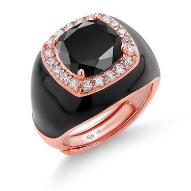 Imagem de Gem Stone King Feito na Itália 18K banhado a ouro rosa prata 10 mm preto simulado ônix e zircônia cúbica branca esmalte preto expansível anel ajustável para mulheres, Prata banhada a ouro rosa