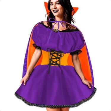 Imagem de Fantasia Halloween Vampira Dark de Luxo Com Capa Adulta Feminina - Fan