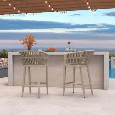Imagem de PURPLE LEAF Conjunto de 2 bancos de vime com altura de bar, cadeiras de bar modernas com encosto e almofadas para jardim, exterior, champanhe