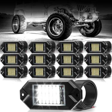 Imagem de Hovano 12 unidades de luzes brancas de pedra 6000 K, cor branca pura, 42 lascas de LED super brilhantes com fios de extensão de 3 m, kit de brilho à prova d'água IP68 para caminhonetes off-road SUV,