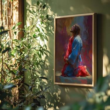 Imagem de Quadro Decorativo Jesus Orando Colorido Com Moldura Arte Religiosa Fé Cristã Devocional Decoração Lar Igreja Presente