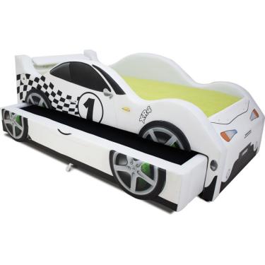 Imagem de Bicama Solteiro XR4 Estofada Infantil Temática Carro Branca com Cama Auxiliar