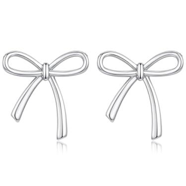 Imagem de Dlknp Brincos de laço para mulheres, simples, brilhantes, prateados, fofos, delicados, sem manchas, hipoalergênicos, com laço grosso, joias presentes para ela