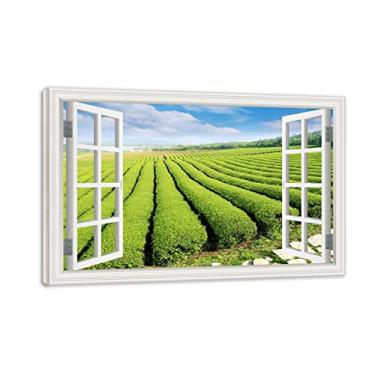 Imagem de Impressão em tela emoldurada de madeira, janela de arte de parede, lindo jardim de chá, vista de janela falsa 3D, pintura de paisagem, imagem de natureza, impressão em tela, arte de parede para sala