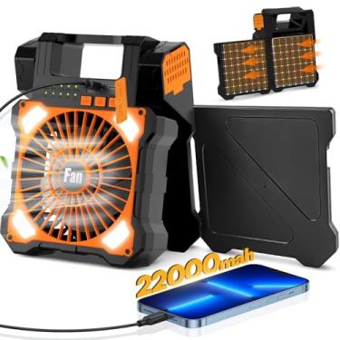 Imagem de Maraiss Ventilador solar de acampamento de 22000 mAh, ventilador alimentado por energia solar de painel duplo recarregável com luz LED, 5 velocidades ajustáveis, ventiladores portáteis alimentados por