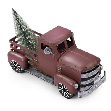 Imagem de Fleecy day Decoração de caminhão vermelho para presente de metal pequeno fofo decoração de carro de fazenda vintage árvore flores artesanais caixas de presente de carro de metal vermelho modelo de