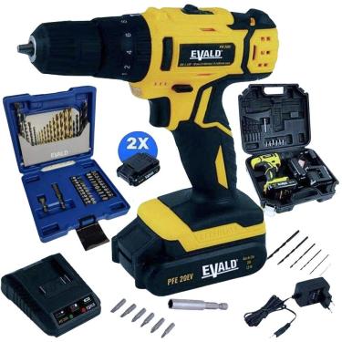 Imagem de Parafusadeira Furadeira Impacto com 2 Baterias Carregador e Kit 41 Peças EVALD