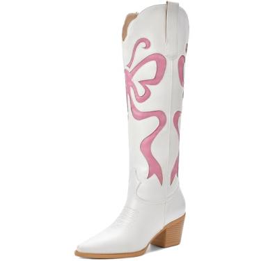 Imagem de OAKUMSAS Botas Cowgirl – Botas femininas caubói com laços coloridos bordadas, branco ocidental, botas na altura do joelho, modernas, bico amendoado, salto grosso, botas altas, Laço rosa, 41