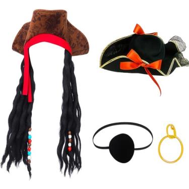 Imagem de Didaey Conjunto de 4 acessórios de fantasia de pirata para homens e mulheres, chapéu de veludo pirata, chapéu de tricórnio com dreadlocks, tapa-olhos e brincos para cosplay de Halloween e eventos