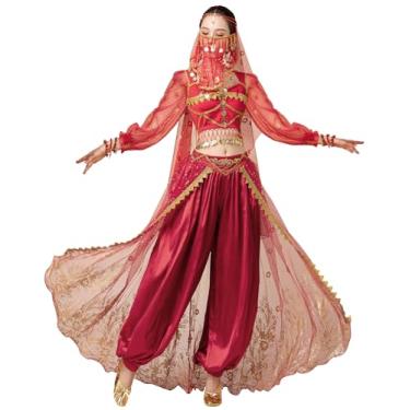 Imagem de yrsZX Fantasia feminina de jasmim, fantasia de fada de princesa árabe, cosplay de Halloween, fantasia de dança do ventre, Vermelho vinho 05, P