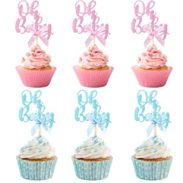 Imagem de 36 Pieces Pink Blue Bow Oh Baby Cupcake Toppers, Glitter Baby Shower Cupcake Picks Decorations for Celebrating Baby Shower Boys Girls Kids Birthday Theme Party Cake Decorations Supplies