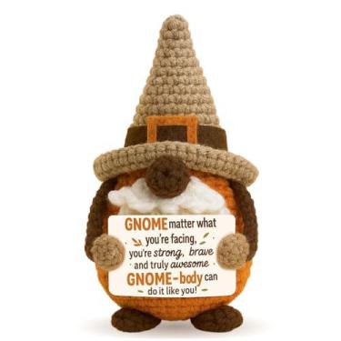 Imagem de Skyists Mini boneca de crochê de gnomo de outono com cartão de incentivo – GNOME-Body Positive Autumn Decor, presente de gnomos de Ação de Graças e Natal para filha, colegas de trabalho, amigas