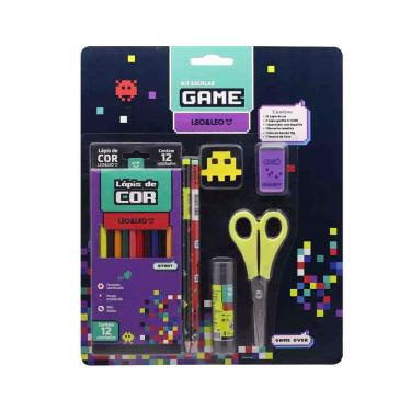 Imagem de Kit Escolar Leo&Leo Game 12 Lápis de Cores, Lápis, Borracha, Apontador, Cola, Régua e Tesoura