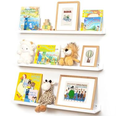 Imagem de Prateleira de borda para parede, 91 cm de madeira de pinheiro maciça, 3 pacotes, prateleiras de borda flutuantes para quarto de criança, quarto, banheiro, sala de estar, porta-fotos, escritório