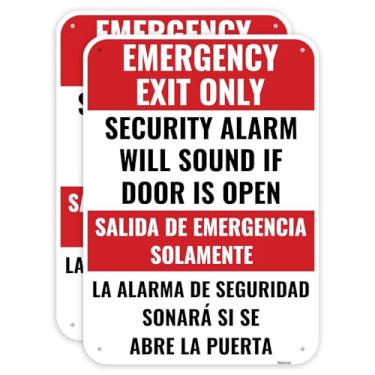 Imagem de Sinal bilíngue apenas de saída de emergência de 2 peças, 35,5 x 25,4 cm - alumínio - dramático, não é um alarme de segurança de saída, soará se a porta for aberta
