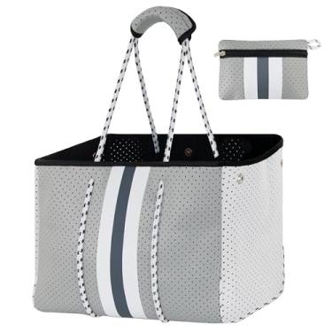 Imagem de Hirooms Bolsa de neoprene grande multiuso bolsa de neoprene elegante academia feminina bolsa de ombro com bolsa pequena, Listra cinza, Large