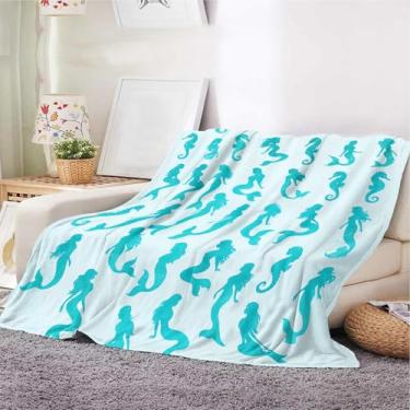 Imagem de Cobertor de lã com silhueta de sereia – Cobertor de lã com tema de mar azul aqua para meninas, crianças, adolescentes, amantes de sereia – manta macia do oceano para cama, sofá, sofá (150 x 199 cm)