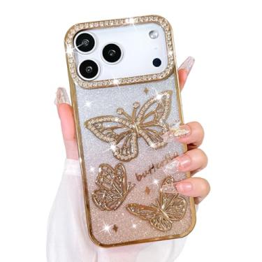 Imagem de Bonoma Capa com glitter para Pro, linda capa com estampa de borboleta 3D, proteção para câmera, capa traseira macia e brilhante para mulheres e meninas, dourada