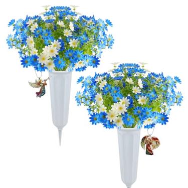 Imagem de Flores artificiais de cemitério com marca de anjo em vaso – 2 conjuntos de flores artificiais em forma de túmulo de crisântemos azuis – Anjo de oração e anjo de trombeta para decoração de túmulos