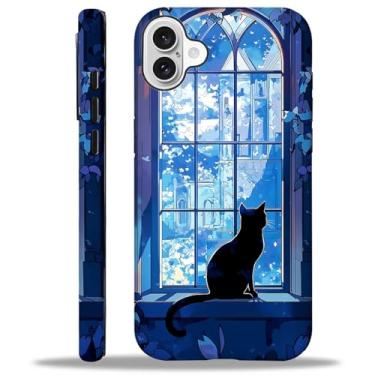 Imagem de Capa para iPhone 16 Plus, silicone macio fosco + PC rígido antiarranhões capa protetora 2 em 1 resistente à prova de choque para mulheres e homens - Familiar em Waiting Witchy Anime Black Cat