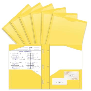 Imagem de Pacote com 6 pastas de plástico resistente com garras e bolso frontal transparente, 3 bolsos com 3 pinos e 2 compartimentos para cartão, pastas de arquivo amarelas para papel tamanho carta para