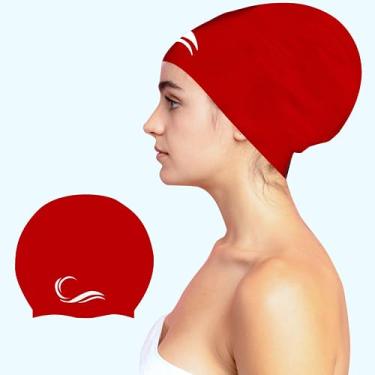 Imagem de Touca de natação Dreadlock de cabelo longo – Touca grande de natação de silicone – Touca de natação vermelha impermeável com bolsa extra – Bonés de piscina ideais para mulheres, homens, jovens e
