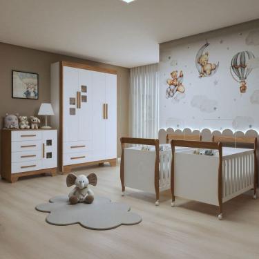 Imagem de Quarto de Bebê Completo Gêmeos 5 Portas 6 Gavetas 100% Mdf Amadeirado/Branco - Tigus