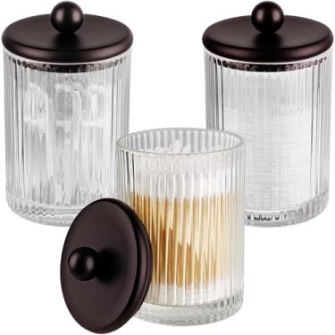 Imagem de Komashr Potes de Boticário Organizador de Vaidade de Banheiro - Suporte Qtip Organizador de Armazenamento Bancada - Tampas de aço inoxidável e adesivos fofos para Qtips, cotonetes de algodão, esponjas