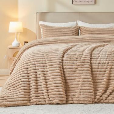 Imagem de EMME Capa de edredom de pele sintética, tamanho solteiro, 2 peças, capa de edredom ultramacia e fofa, aconchegante para o inverno, roupa de cama de luxo elegante com design listrado desgrenhado, 1