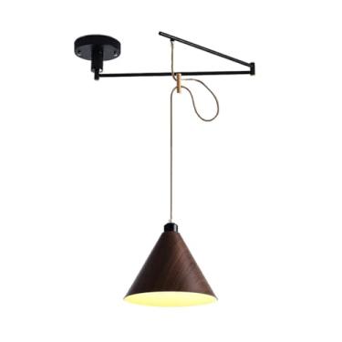 Imagem de Luminária pendente industrial com braço oscilante, luz suspensa, grão de madeira, preta, luminária pendente moderna de meados do século, braço ajustável, lustre de fazenda para mesa de janta