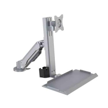 Imagem de hezhuhe2258 Suporte de monitor prateado com clipe de um braço na mesa com bandeja regular adequado para rolamento de peso de 15 a 32 polegadas 15 kg Braço de monitor de mesa