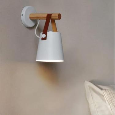 Imagem de Luminária de parede vintage, luminária de parede interna de madeira E27, iluminação de parede decorativa retrô de couro e madeira, design nórdico simples, luminária de cabeceira para quarto,