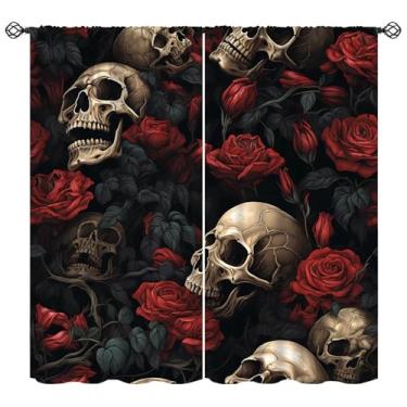 Imagem de Cortinas góticas de caveira rosa vermelha, esqueleto místico gótico floral, retrô, decoração de folhas de plantas de Halloween, bolso de varão, tratamentos de janela para quarto, banheiro, casa