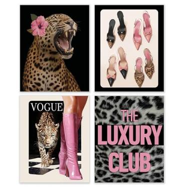 Imagem de BESERH Decoração de parede de chita rosa, estampas modernas de arte de parede de leopardo feminino, pôsteres de salto alto descolados rosa e leopardo para casa meninas quarto dormitório apartamento