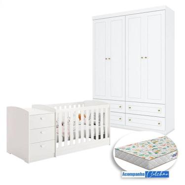 Imagem de Berço Multifuncional Atlanta e Guarda Roupa Mississipi 4 Portas Henn Branco Fosco com Colchão Gazin - Reller