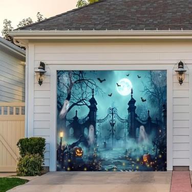 Imagem de Leyiyi 2,1 x 2,4 m decoração de porta de garagem Halloween banner assustador cemitério fantasma abóbora lanterna sombrio portão de ferro grande capa para pendurar ao ar livre, casa, quintal, decoração