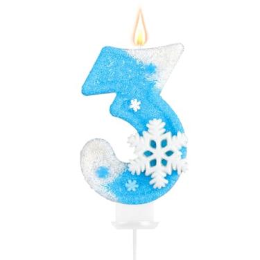 Imagem de Decorações de festa de aniversário Frozen, vela de aniversário número 3, lembrancinhas de festa de aniversário congeladas, vela de feliz aniversário para bolo, decoração de topo de bolo de floco de