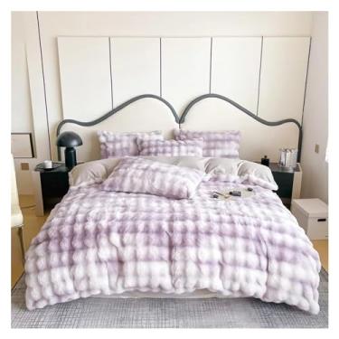 Imagem de Jogo de cama de inverno quente aconchegante capa de edredom de pelúcia macia jogo de lençol plano fronha (queen roxo)