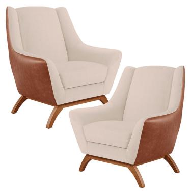Imagem de Kit 02 Poltronas Base Em Madeira Juliet D02 Courissímo Camel B-14 Linho Bege C-107 - Lyam Decor