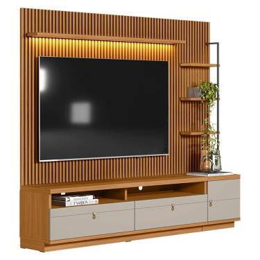 Imagem de Painel para TV até 75 Polegadas Ripado Betina com Rack Bancada e Módulo Lateral Direito Nature e Off White 224x198 cm L04 - D'Rossi