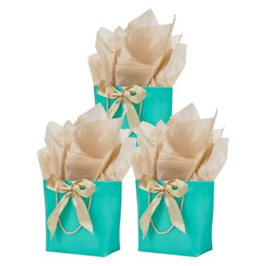 Imagem de Aosric Pacote com 3 sacos de presente azuis com fita de laço e papel de seda – 19 x 9 x 19 cm elegante bolsa de presente pequena com suporte de base para lembrancinhas de festa, aniversário, casamento