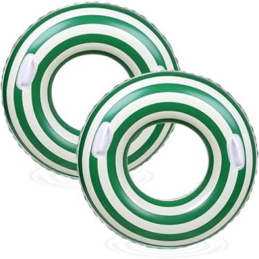 Imagem de Boias infláveis de piscina para adultos - pacote com 2 boias de piscina verdes listradas, tubos de piscina com alças, boia inflável para piscina, festa, lago na praia, adultos (verde, 90)