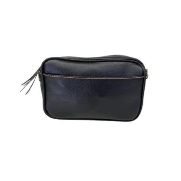 Imagem de Bolsa Transversal em Couro Premium, Preta com Costuras Marrom Caramelo, Design Clássico, Alça Ajustável