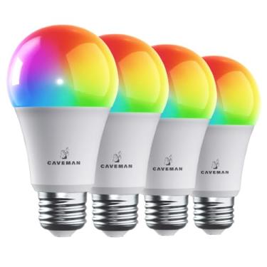 Imagem de Lâmpada LED inteligente Caveman Matter & WiFi A19, RGBW que muda de cor, ajustável branco quente e frio 800LM (equivalente a 60 W) – Alexa, Google Home, lâmpada Apple Home (4 unidades)