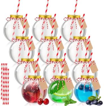 Imagem de Yaomiao 12 garrafas plásticas de 473 ml, vazias para bebidas com tampas de alumínio e canudos de papel, enfeites de lâmpada esférica, copos para doces, centros de mesa, decoração de artesanato de