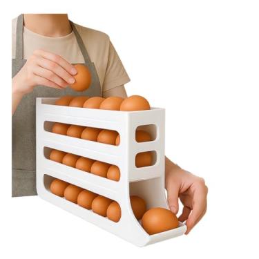 Imagem de Porta Ovos Rolinho 3 Camadas Organizador de Geladeira Para Até 30 Ovos, Evita Quebras Armazenamento Prático e Durável Dispenser Automático de Ovos Para Cozinha