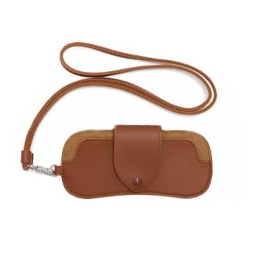 Imagem de JRLLFD Bolsa de armazenamento de óculos de sol de couro sintético com cordão, cor sólida, suporte durável para pendurar (marrom)