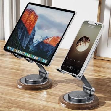 Imagem de Suporte de mesa dobrável duplo para celular, acessórios ajustáveis para celular, suporte de telefone giratório de 360° para mesa, com base de disco de madeira, para iPhone 16 15 14 13 12 Pro Max e