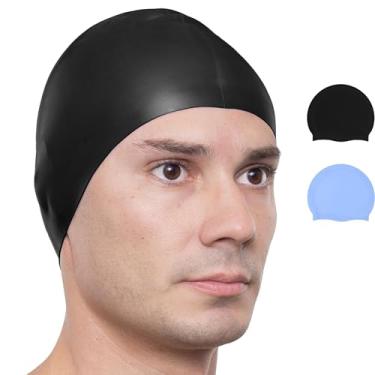 Imagem de Touca de natação de silicone unissex - Chapéu de natação confortável para cabelos longos/curtos, design antiderrapante (preto azul)